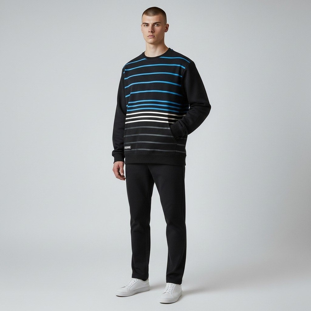 Nomis Sweatshirt Large Black Striped Crewneck Kangaroo Pocket Streetwear